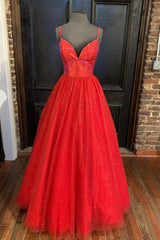 Evening Dress Elegant, Red Tulle Beading Long Prom Dresses, A-Line Evening Party Dresses