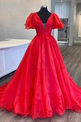 Evening Dresses Lace, Red Organza Long A-Line Prom Dress, Beautiful V-Neck Evening Dress