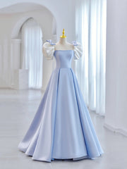 Evening Dresses Wedding, Blue Short Sleeve Saitn Formal Evening Dress, Cute A-Line Junior Prom Dress