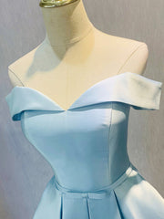 Formal Dress For Girls, Simple Short Light Blue Satin Party Dress, Blue A-Line Off the Shoulder Evening Dress