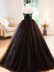 Prom Dress 2028, Black Strapless Tulle Long Prom Dress with Green Beaded, A-Line Formal Dress