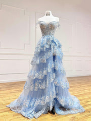 Formal Dress Shop, Blue Tulle Sequins Long Prom Dress, Beautiful Off Shoulder Evening Dress