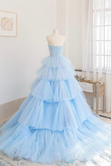 Homecomming Dresses Short, Blue Layers Tulle Long Prom Dresses, A-Line Strapless Evening Dresses