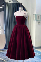 Party Dress Quick, Burgundy Velvet Short Prom Dress, A-Line Party Dress with Pearls