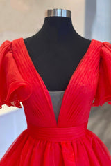 Evenning Dresses Short, Red Organza Long A-Line Prom Dress, Beautiful V-Neck Evening Dress
