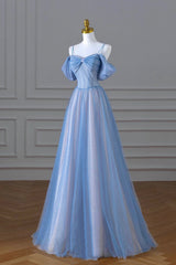 Evening Dresses Yde, Blue Spaghetti Strap Tulle Floor Length Prom Dress, A-Line Evening Dress