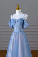 Evening Dress Yde, Blue Spaghetti Strap Tulle Floor Length Prom Dress, A-Line Evening Dress