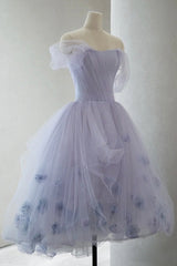 Evening Dresses For Party, Purple Tulle Short Prom Dress, A-Line Off the Shoulder Party Dress