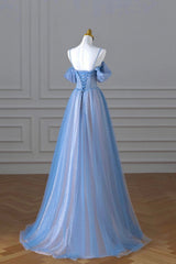 Evening Dress Shops, Blue Spaghetti Strap Tulle Floor Length Prom Dress, A-Line Evening Dress