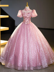 Prom Dress Ideas, Pink Tulle and Lace Long Prom Dress with Sequins, Beautiful A-Line Sweet 16 Dress