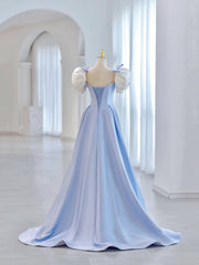 Evening Dress Long, Blue Short Sleeve Saitn Formal Evening Dress, Cute A-Line Junior Prom Dress