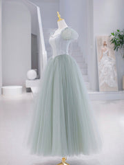 Red Prom Dress, Green Tulle Floor Length Prom Dress, Green Short Sleeve Evening Party Dress