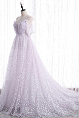 Prom Dresses Beautiful, Lovely V-Neck Floral Tulle Long Prom Dress, Lavender A Line Evening Party Dress