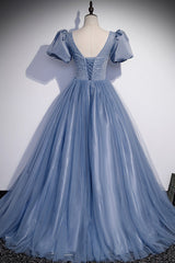 Fairy Dress, Blue Tulle Beading Long Prom Dresses, A-Line Short Sleeve Evening Dresses