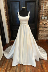 Formal Dress Wedding, White Satin Long Prom Dresses, A-Line Evening Dresses