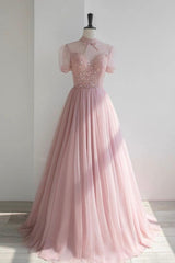 Homecoming Dress Floral, Pink Tulle Beading Long Prom Dresses, Lovely A-Line Evening Party Dresses