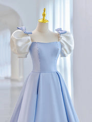 Evening Dress Wedding, Blue Short Sleeve Saitn Formal Evening Dress, Cute A-Line Junior Prom Dress