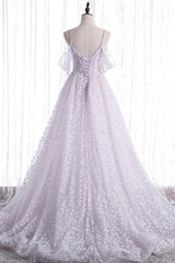 Prom Dress Classy, Lovely V-Neck Floral Tulle Long Prom Dress, Lavender A Line Evening Party Dress