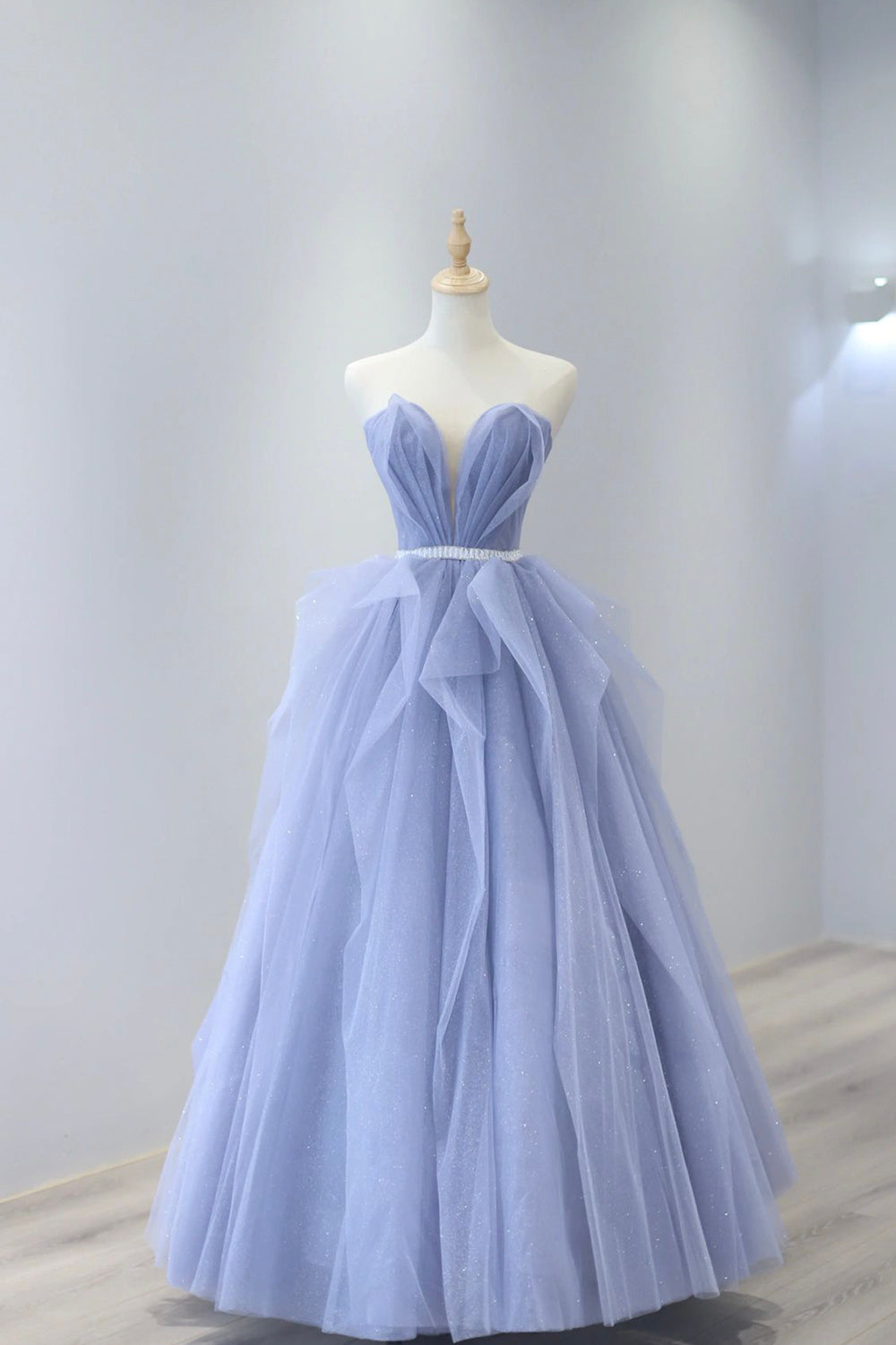 Formal Dress For Woman, Blue Tulle Strapless Long Prom Dress, A-Line Blue Evening Dress