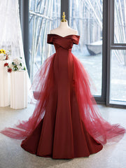 Prom Dress Boutiques Near Me, Mermaid V-Neck Satin Long Prom Dress,  Burgundy Off Shoulder Evening Dress with Bow