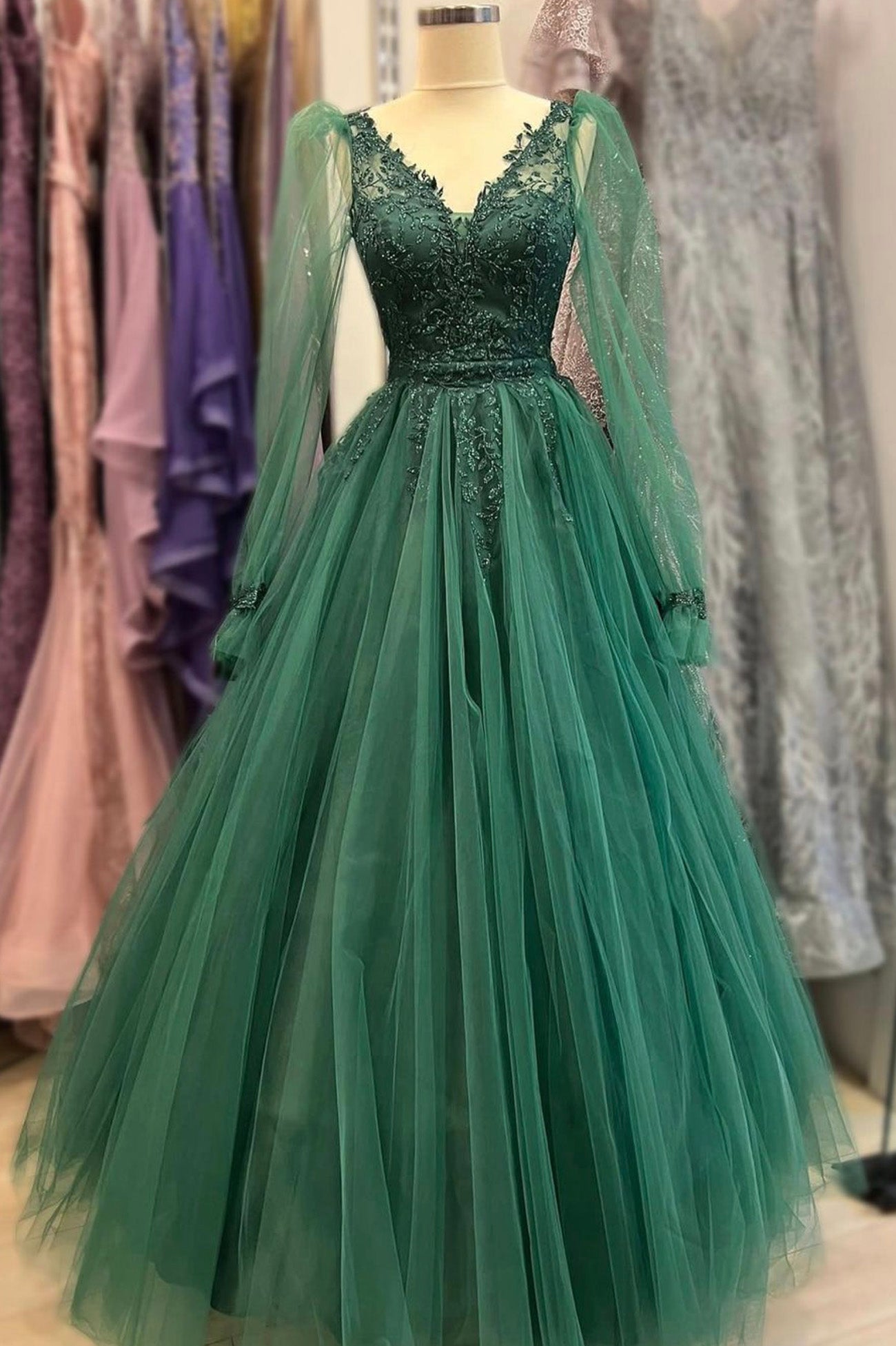 Prom Dresses Shiny, Green V-Neck Tulle Long Prom Dresses, A-Line Long Sleeve Evening Dresses