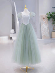 Black Prom Dress, Green Tulle Floor Length Prom Dress, Green Short Sleeve Evening Party Dress