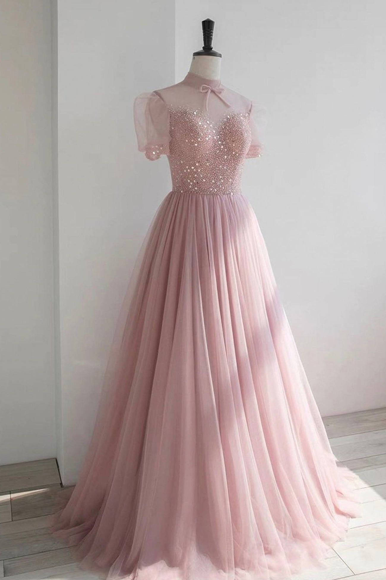 Homecomming Dresses Floral, Pink Tulle Beading Long Prom Dresses, Lovely A-Line Evening Party Dresses
