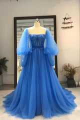 Formal Dresses Long Gowns, Blue Tulle Long Prom Dresses, A-Line Long Sleeve Evening Dresses