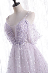 Prom Dress Types, Lovely V-Neck Floral Tulle Long Prom Dress, Lavender A Line Evening Party Dress