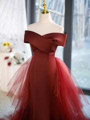 Prom Dress 2034, Mermaid V-Neck Satin Long Prom Dress,  Burgundy Off Shoulder Evening Dress with Bow