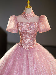 Prom Dress Under 114, Pink Tulle and Lace Long Prom Dress with Sequins, Beautiful A-Line Sweet 16 Dress