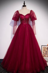 Party Dress Ideas For Winter, Burgundy Tulle Beading Long Prom Dresses, A-Line Formal Evening Dresses