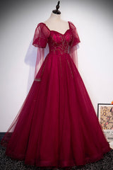 Party Dress Christmas, Burgundy Tulle Beading Long Prom Dresses, A-Line Formal Evening Dresses