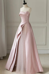 Prom Dresses 2034, Pink Strapless Satin Floor Length Prom Dress, A-Line Formal Evening Dress
