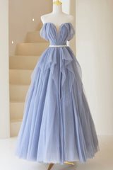 Engagement Dress, Blue Off Shoulder Tulle Long Formal Dress, A-Line Blue Evening Dress