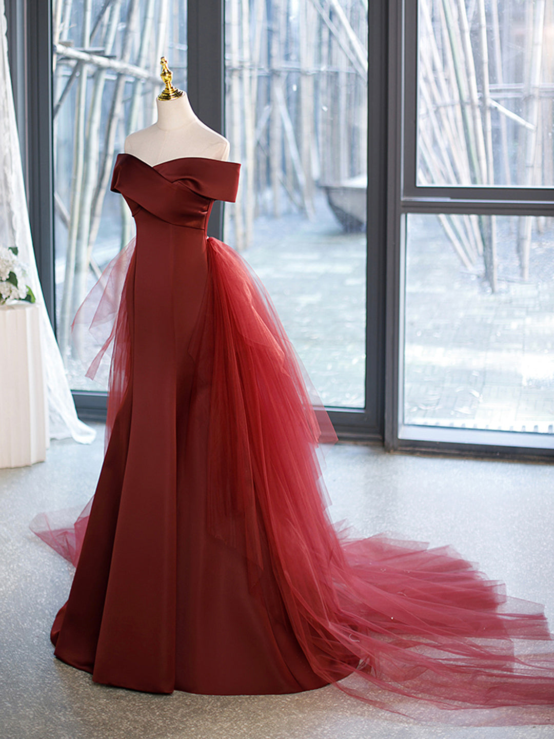 Prom Dress Idea, Mermaid V-Neck Satin Long Prom Dress,  Burgundy Off Shoulder Evening Dress with Bow