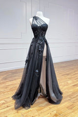 Prom Dresses Elegant, Black Tulle Lace Long Prom Dress, One Shoulder Evening Dress with Slit