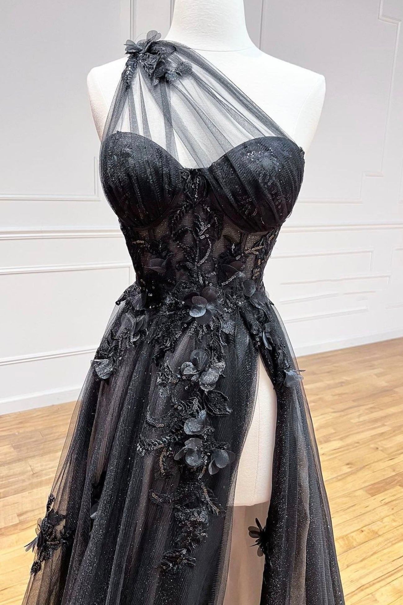 Prom Dresses Styles, Black Tulle Lace Long Prom Dress, One Shoulder Evening Dress with Slit