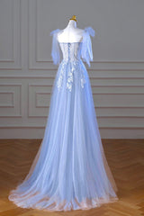Evening Dress Styles, Blue Spaghetti Strap Tulle Lace Long Prom Dress, A-Line Evening Party Dress