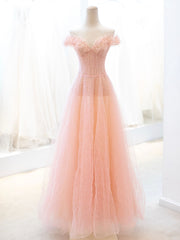 Homecomming Dresses Cute, Pink Tulle Sequins Long Prom Dress, A-Line Lovely Evening Party Dress