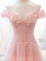 Homecoming Dresses Cute, Pink Tulle Sequins Long Prom Dress, A-Line Lovely Evening Party Dress