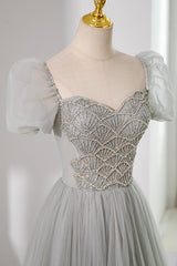 Bridesmaid Dresses Color Palettes, Gray Tulle Beading Long Prom Dress, A-Line Short Sleeve Evening Dress