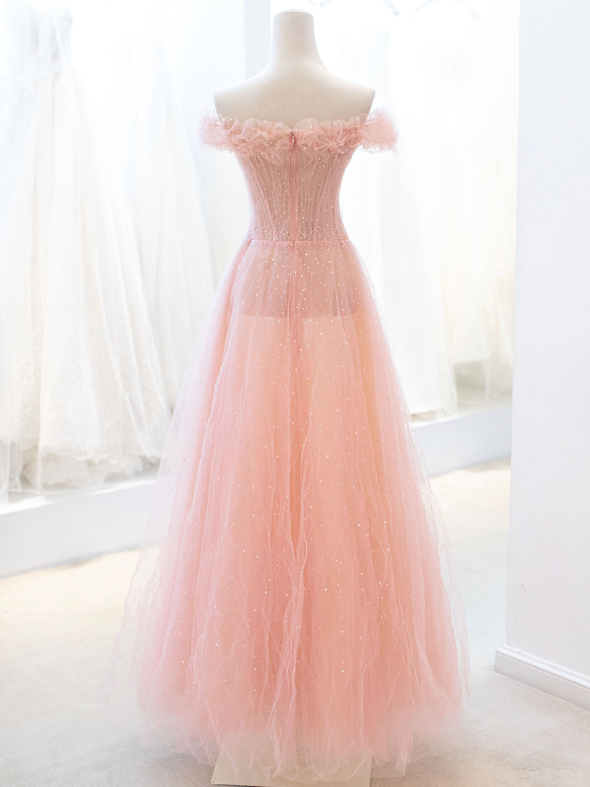 Homecoming Dress Cute, Pink Tulle Sequins Long Prom Dress, A-Line Lovely Evening Party Dress