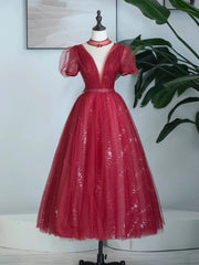 Party Dress Lace, Burgundy Tulle Sequins Tea Length Prom Dress, A-Line Evening Party Dress