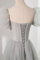 Bridesmaid Dress Color Palette, Gray Tulle Beading Long Prom Dress, A-Line Short Sleeve Evening Dress