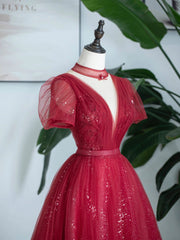 Party Dresses Lace, Burgundy Tulle Sequins Tea Length Prom Dress, A-Line Evening Party Dress