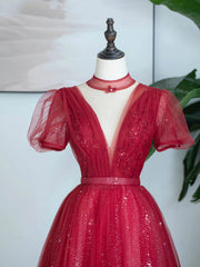 Party Dress Winter, Burgundy Tulle Sequins Tea Length Prom Dress, A-Line Evening Party Dress