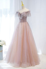 Homecoming Dress Chiffon, Pink Tulle Beaded Long Formal Dress, Pink V-Neck Prom Dress
