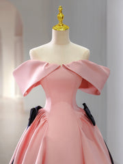 Prom Dresses Corset, Pink Satin Floor Length Prom Dress, Off Shoulder Party Dress