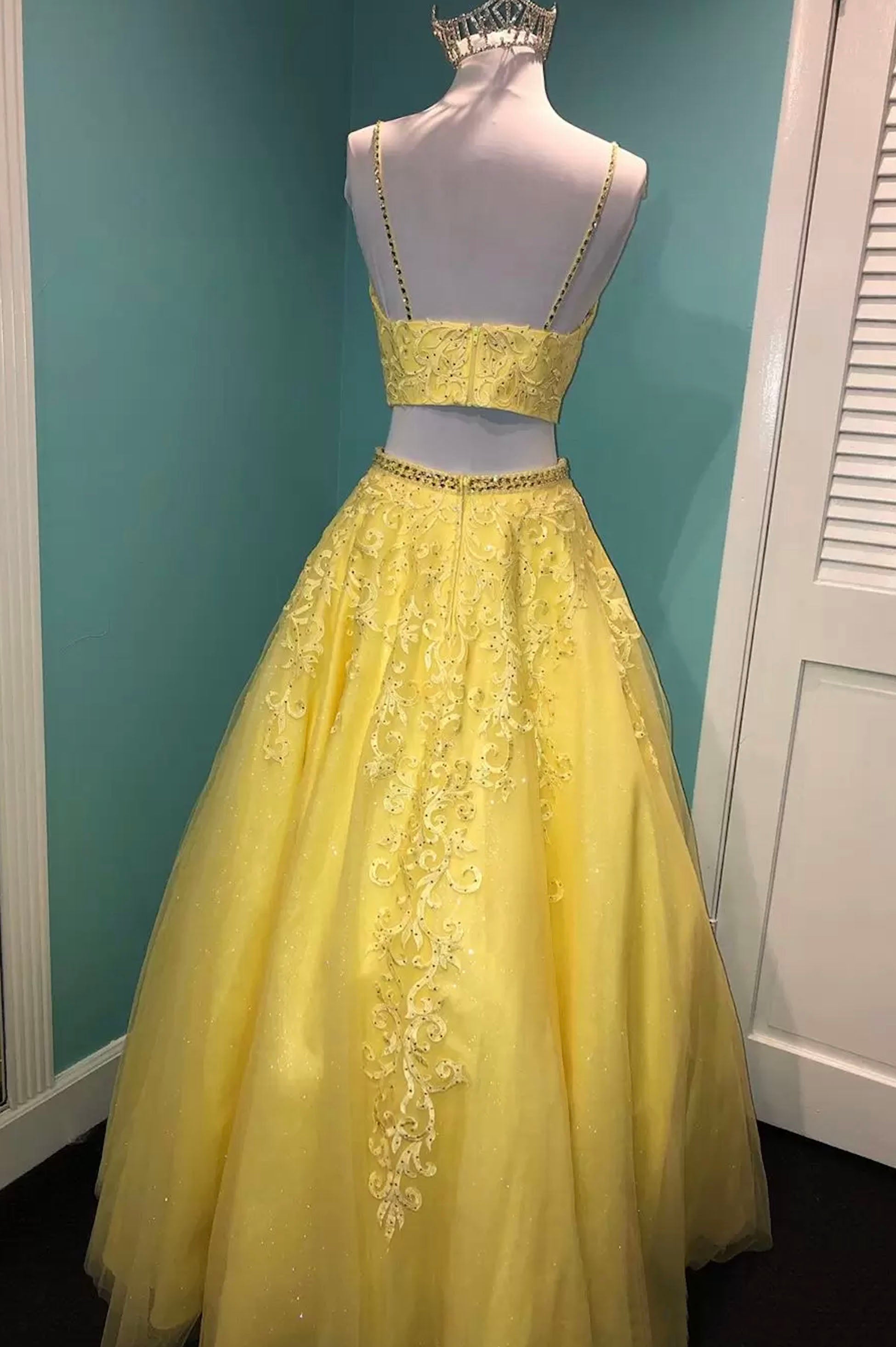 Formal Dresses For Teens, Yellow Lace Two Pieces Prom Dress, A-Line Evening Party Dress